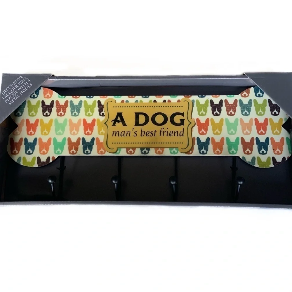 Dog Leash Rack Holder Bone Shape Wall Hook Plaque Lacquered 4 Hook Multi Purpose